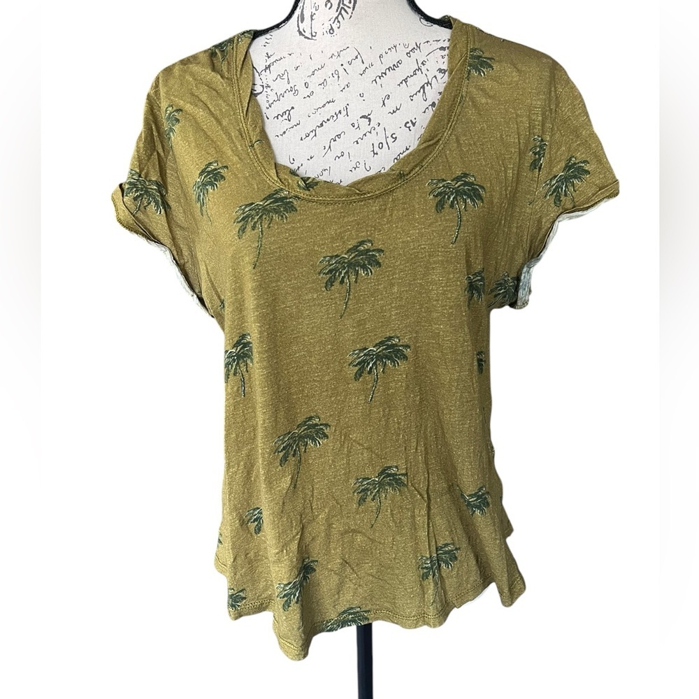 Anthropologie Palm Tree Print Olive Green Women's Cotton Tee size XL